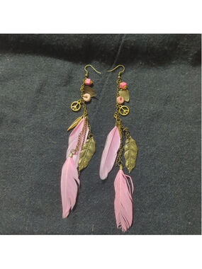Gold Tone Pink Feather Peace Sign Dangle Shoulder Duster Long Statement Earrings